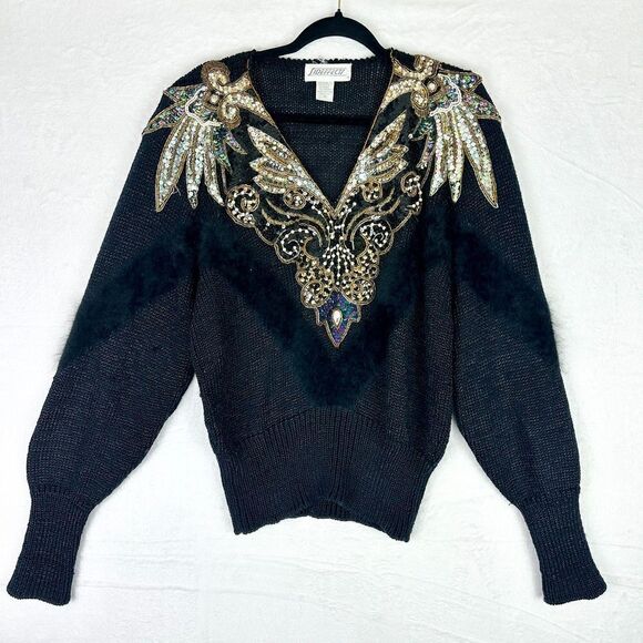 Sideffects Vintage Beaded Sequins Angora Lambswool Blend Sweater Size Large - Picture 1 of 8